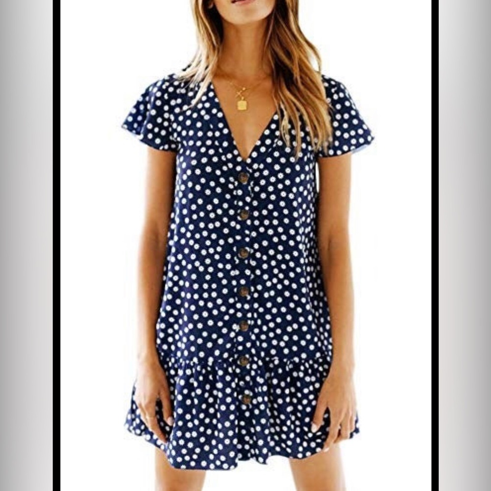 Womens Polka Dot V Neck Button Down Ruffles Loose Mini Short T-Shirt Dress Small